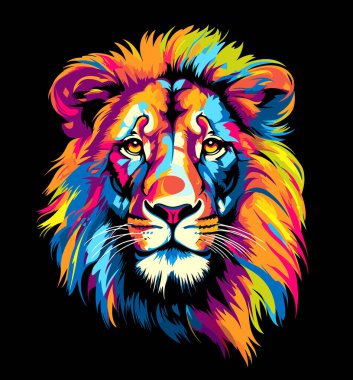 King of the beasts. Majestic abstract lion with huge mane in pop art style with bright colours isolated. Vector pop art style. Template for t-shirts, stickers, etc. clipart