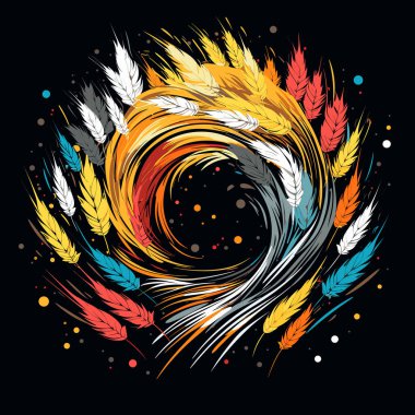 Buğday tarlasında buğday kulakları siyah arka planda vektör pop sanatı tarzında. Tişört, etiket, logo vs. için şablon.