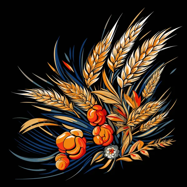 Пшеничные Уши Пшеничном Поле Векторном Стиле Поп Арта Черном Фоне — стоковый вектор