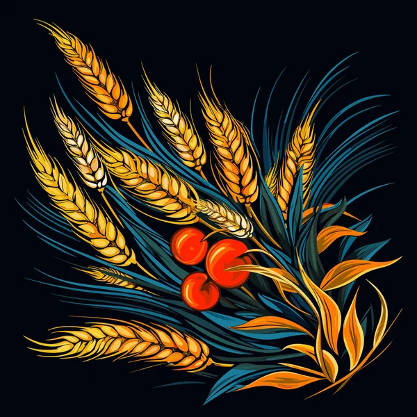 Вуха Пшениці Пшеничному Полі Векторному Поп Арт Стилі Чорному Тлі — стоковий вектор