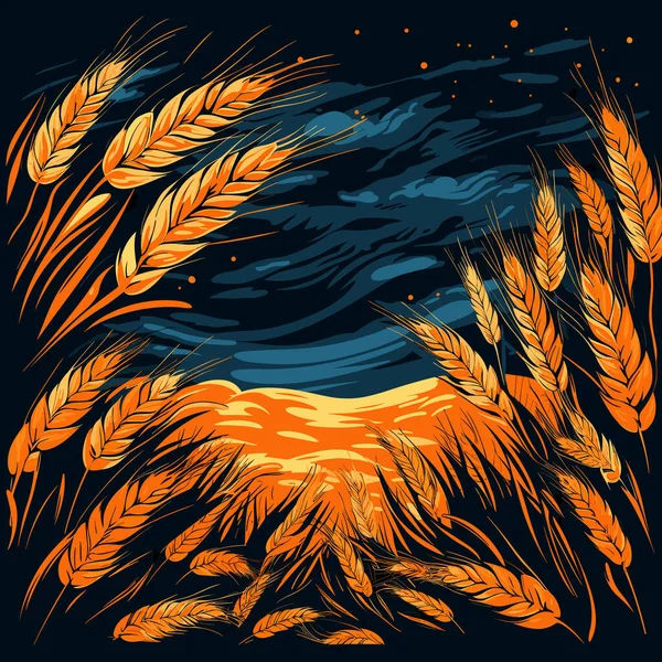 Пшеничные Уши Пшеничном Поле Векторном Стиле Поп Арта Черном Фоне — стоковый вектор