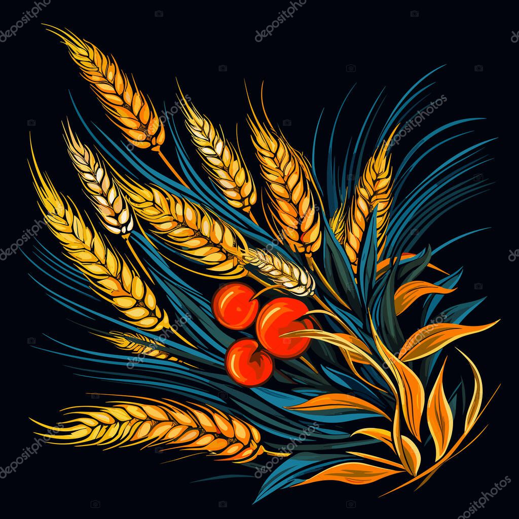 Wheat ears on wheat field in vector pop art style on black background. Template for t-shirt, sticker, logo, etc.