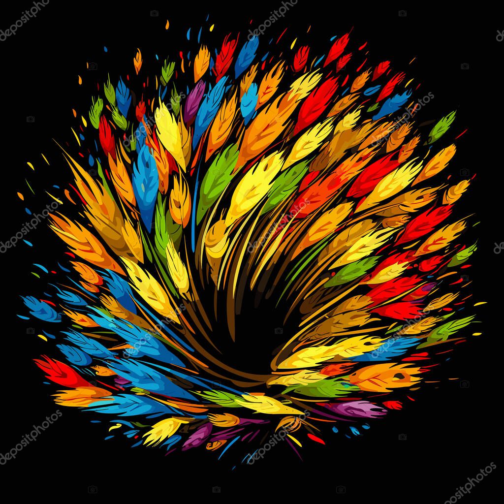 Wheat ears on wheat field in vector pop art style on black background. Template for t-shirt, sticker, logo, etc.