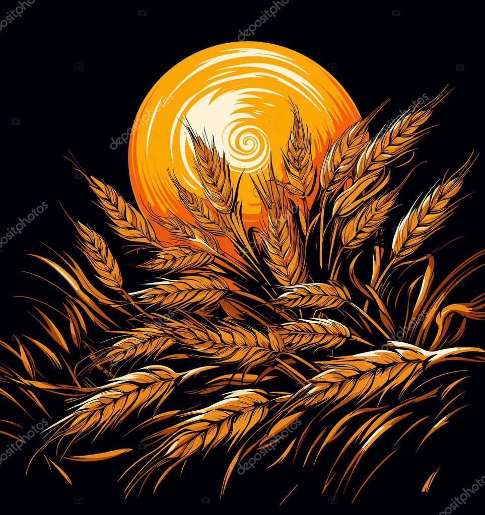 Wheat ears on wheat field in vector pop art style on black background. Template for t-shirt, sticker, logo, etc.