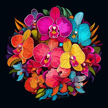 Dekoratif çok renkli çiçek arkaplanı. Tropikal orkide çiçeklerinin romantik buketi vektör populer sanat tarzında koyu arkaplanda. 