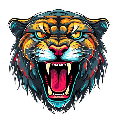 Popüler sanat tarzında görkemli ve heybetli bir kaplanın soyut portresi. Dekoratif vektör sanatı. Beyaz arka planda izole edilmiş. Tişört ve çıkartma şablonu 