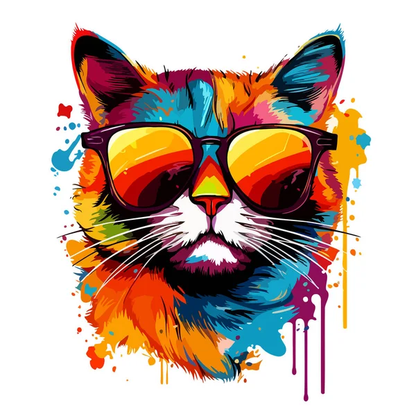 Retrato Gato Com Óculos Sol Estilo Arte Pop Vetorial Fundo — Vetor de Stock
