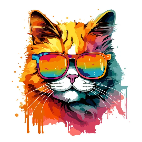 Retrato Gato Com Óculos Sol Estilo Arte Pop Vetorial Fundo — Vetor de Stock