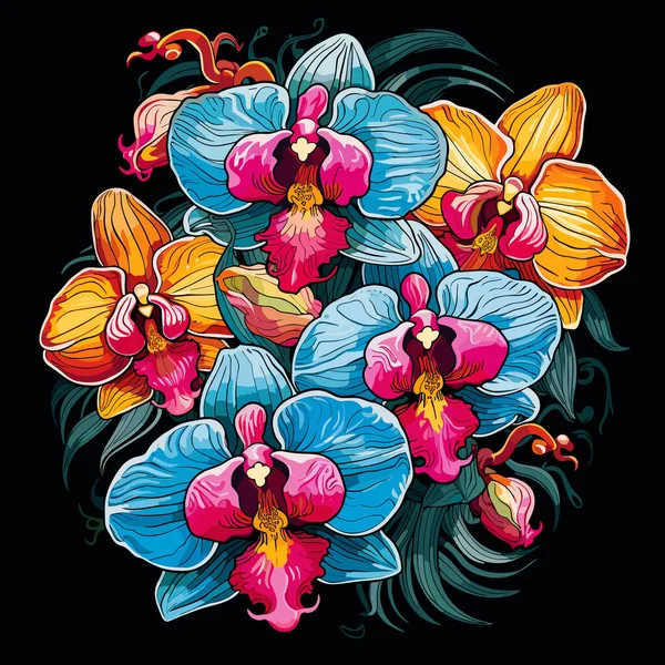 Декоративний Різнокольоровий Квітковий Фон Романтичний Букет Тропічних Орхідей Темному Тлі — стоковий вектор