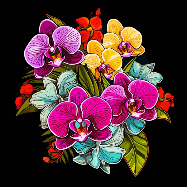 Decorativo Sfondo Floreale Multicolore Bouquet Romantico Fiori Orchidea Tropicale Sfondo — Vettoriale Stock