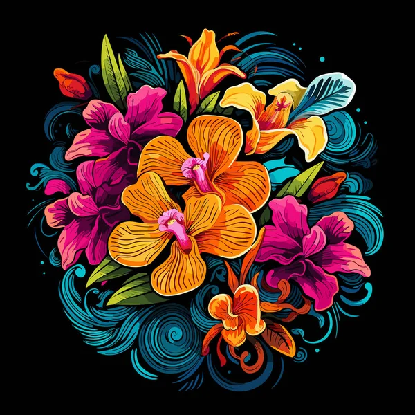 Dekorativní Vícebarevné Květinové Pozadí Romantická Kytice Tropických Orchidejí Květiny Tmavém — Stockový vektor