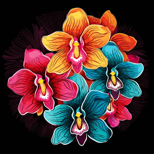 Dekoratif Çok Renkli Çiçek Arkaplanı Tropikal Orkide Çiçeklerinin Romantik Buketi — Stok Vektör
