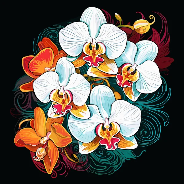 Fundo Floral Multicolorido Decorativo Buquê Romântico Flores Orquídeas Tropicais Fundo — Vetor de Stock
