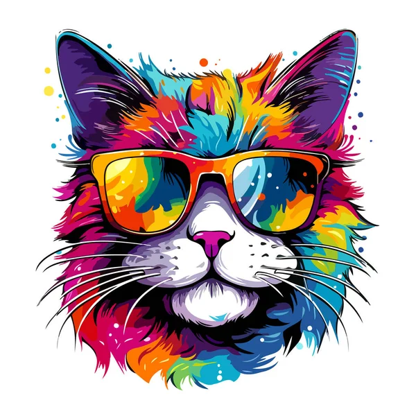 Portrait Cat Sunglasses Vector Pop Art Style White Background Template — Stock Vector