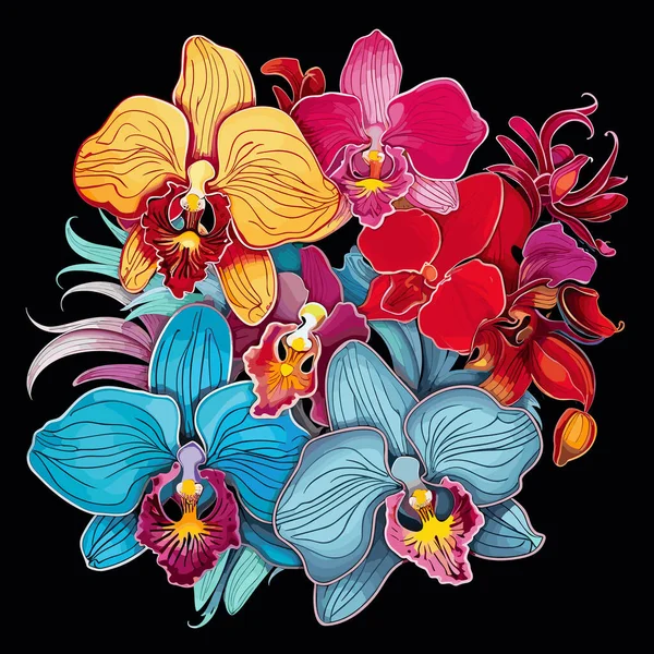 装饰的多色彩花卉背景 热带兰花的浪漫花束 深色背景 媒介流行艺术风格 — 图库矢量图片#