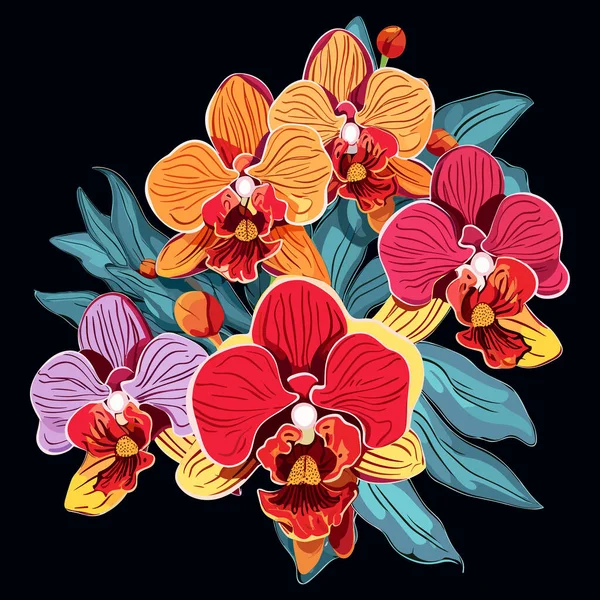 Dekoratív Többszínű Virágos Háttér Romantikus Csokor Trópusi Orchidea Virágok Sötét — Stock Vector