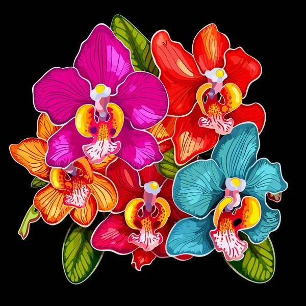 装飾的な多色の花の背景 ベクターポップアートスタイルの暗い背景にトロピカル蘭花のロマンチックな花束 — ストックベクタ