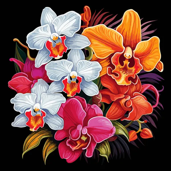 Dekorativní Vícebarevné Květinové Pozadí Romantická Kytice Tropických Orchidejí Květiny Tmavém — Stockový vektor