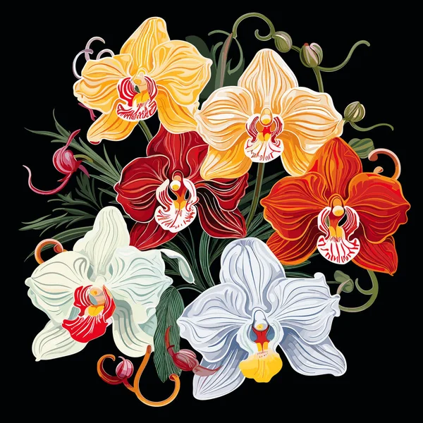 装飾的な多色の花の背景 ベクターポップアートスタイルの暗い背景にトロピカル蘭花のロマンチックな花束 — ストックベクタ