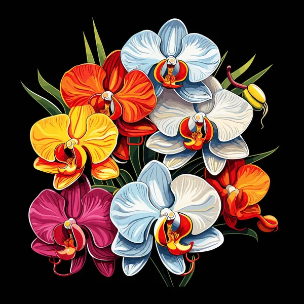 Dekorativa Flerfärgad Blommig Bakgrund Romantisk Bukett Tropiska Orkidé Blommor Mörk — Stock vektor