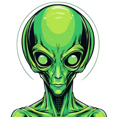 Vektör grafik tarzda insansı uzaylı portresi. Tişört, etiket vs. için şablon.
