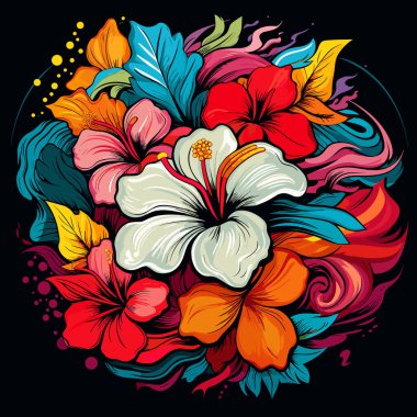 Çiçek patlaması. Siyah arka planda izole edilmiş renkli sihirli tropikal çiçekler vektör pop sanat tarzında. Tişört, etiket vs. için şablon.