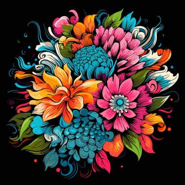 Çiçek patlaması. Siyah arka planda izole edilmiş renkli sihirli tropikal çiçekler vektör pop sanat tarzında. Tişört, etiket vs. için şablon.