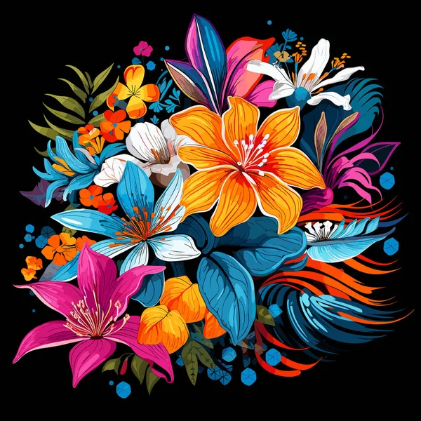 Квітковий Вибух Барвисті Магічні Тропічні Квіти Ізольовані Чорному Тлі Векторному — стоковий вектор