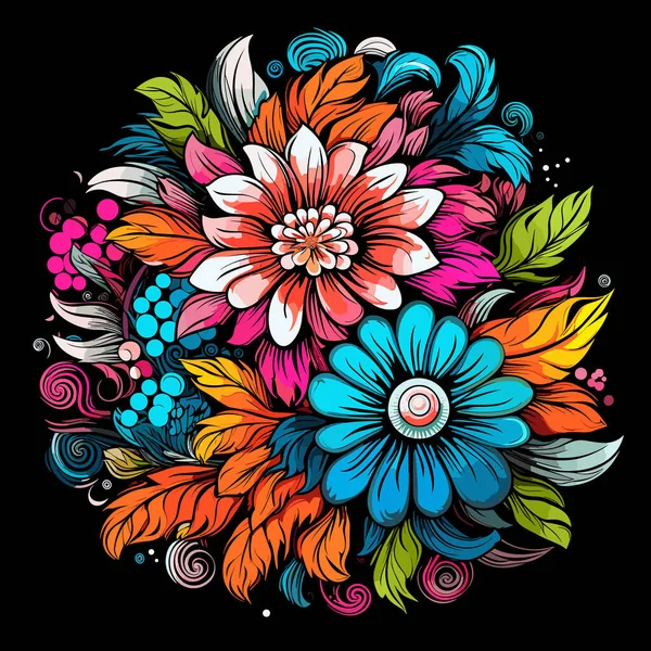 Квітковий Вибух Барвисті Магічні Тропічні Квіти Ізольовані Чорному Тлі Векторному — стоковий вектор
