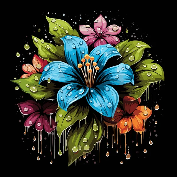 Çiçek Patlaması Siyah Arka Planda Izole Edilmiş Renkli Sihirli Tropikal — Stok Vektör