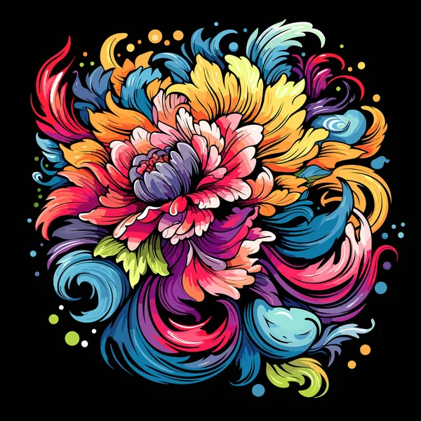 Explosion Fleurs Fleurs Tropicales Magiques Colorées Isolées Sur Fond Noir — Image vectorielle