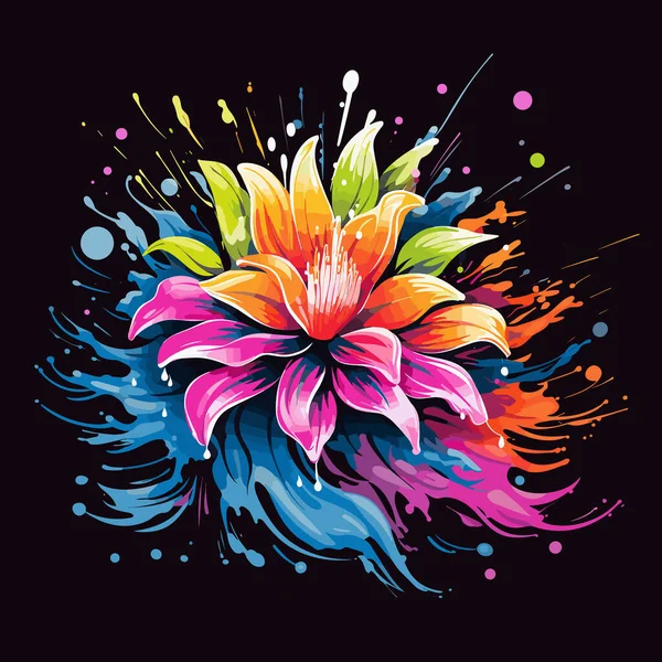 Explosion Blommor Färgglada Magiska Tropiska Blommor Isolerade Svart Bakgrund Vektor — Stock vektor