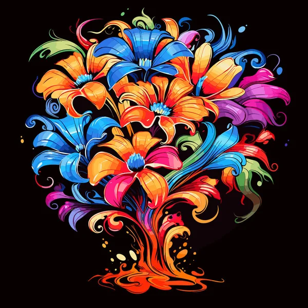 フラワー爆発 ベクターポップアートスタイルの黒い背景に隔離されたカラフルな魔法の熱帯の花 Tシャツ ステッカーなどのテンプレート — ストックベクタ