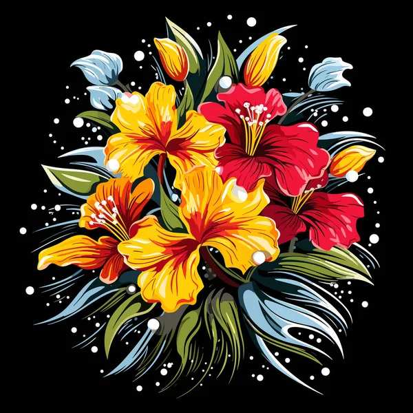 Explosion Blommor Färgglada Magiska Tropiska Blommor Isolerade Svart Bakgrund Vektor — Stock vektor