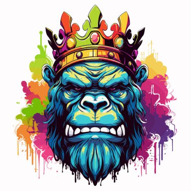 Goril kral. Güçlü yaşlı bir gorilin portresi, ormanın kralı, vektör pop sanat tarzında beyaz bir arka planda izole edilmiş. Tişört, etiket vs. için şablon.