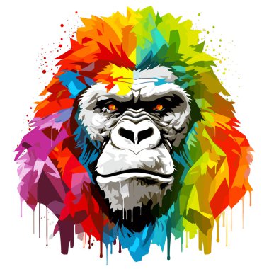 Goril kral. Güçlü yaşlı bir gorilin portresi, ormanın kralı, vektör pop sanat tarzında beyaz bir arka planda izole edilmiş. Tişört, etiket vs. için şablon.