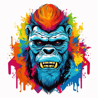 Goril kral. Güçlü yaşlı bir gorilin portresi, ormanın kralı, vektör pop sanat tarzında beyaz bir arka planda izole edilmiş. Tişört, etiket vs. için şablon.