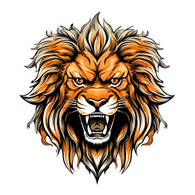Aslan hayvanların kralıdır. Renkli vektör pop sanatı tarzında şeytani ve görkemli bir aslanın portresi. Tişört, etiket vs. için şablon.