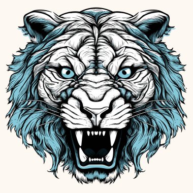 Aslan hayvanların kralıdır. Renkli vektör pop sanatı tarzında şeytani ve görkemli bir aslanın portresi. Tişört, etiket vs. için şablon.