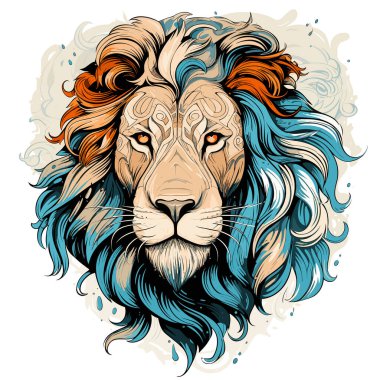 Aslan hayvanların kralıdır. Renkli vektör pop sanatı tarzında şeytani ve görkemli bir aslanın portresi. Tişört, etiket vs. için şablon.