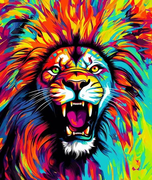 狮子是野兽之王 一个色彩艳丽的矢量流行艺术风格的邪恶雄狮的肖像 T恤衫 贴纸等的模板 — 图库矢量图片