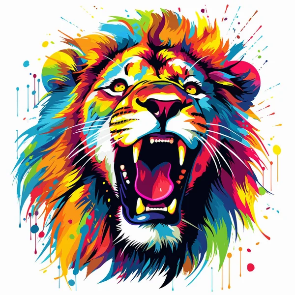 ライオンは獣の王である カラフルなベクターポップアートスタイルの邪悪で雄大なライオンの肖像画 Tシャツ ステッカーなどのテンプレート — ストックベクタ