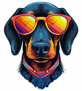 Güneş gözlüklü şirin mutlu dachshund vektör pop sanat tarzında beyaz arka planda izole. Tişört, etiket vs. için şablon.