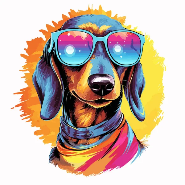 Cute Happy Dachshund Sunglasses Isolated White Background Vector Pop Art — Stock Vector