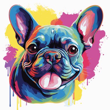 Mutlu köpek. Vektör pop sanatı tarzında sevimli ve komik Fransız bulldog. Tişört, etiket vs. için şablon.