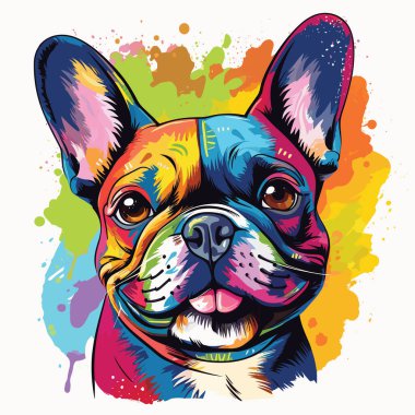 Mutlu köpek. Vektör pop sanatı tarzında sevimli ve komik Fransız bulldog. Tişört, etiket vs. için şablon.