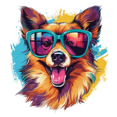 Mutlu köpek. Güneş gözlüklü sevimli ve komik köpek vektör pop sanat tarzında. Tişört, etiket vs. için şablon. Münferit çizim. Çizim.