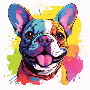 Mutlu köpek. Vektör pop sanatı tarzında sevimli ve komik Fransız bulldog. Tişört, etiket vs. için şablon.