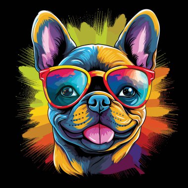 Mutlu köpek. Güneş gözlüklü sevimli ve komik köpek vektör pop sanat tarzında. Tişört, etiket vs. için şablon. Münferit çizim. Çizim.