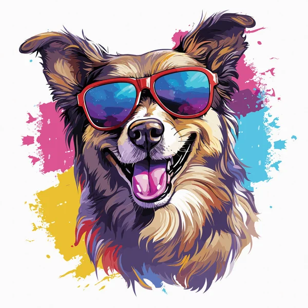 Счастливая Собака Милая Смешная Собака Солнечных Очках Векторном Стиле Поп — стоковый вектор